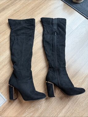 Oasis Black Knee Block Heel Boots